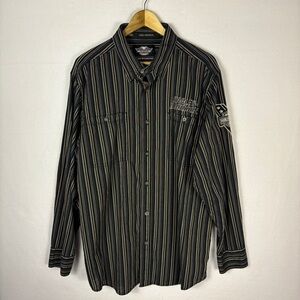 Harley-Davidson Logo Black and Gray Striped Button Down Shirt